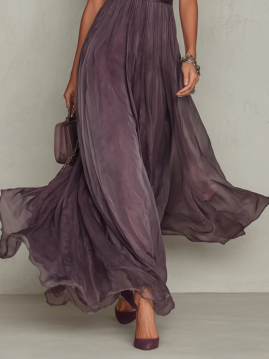 ESSENTIAL - Flavia • Long Purple Dress with Keyhole Neckline & Chiffon Lace Trim