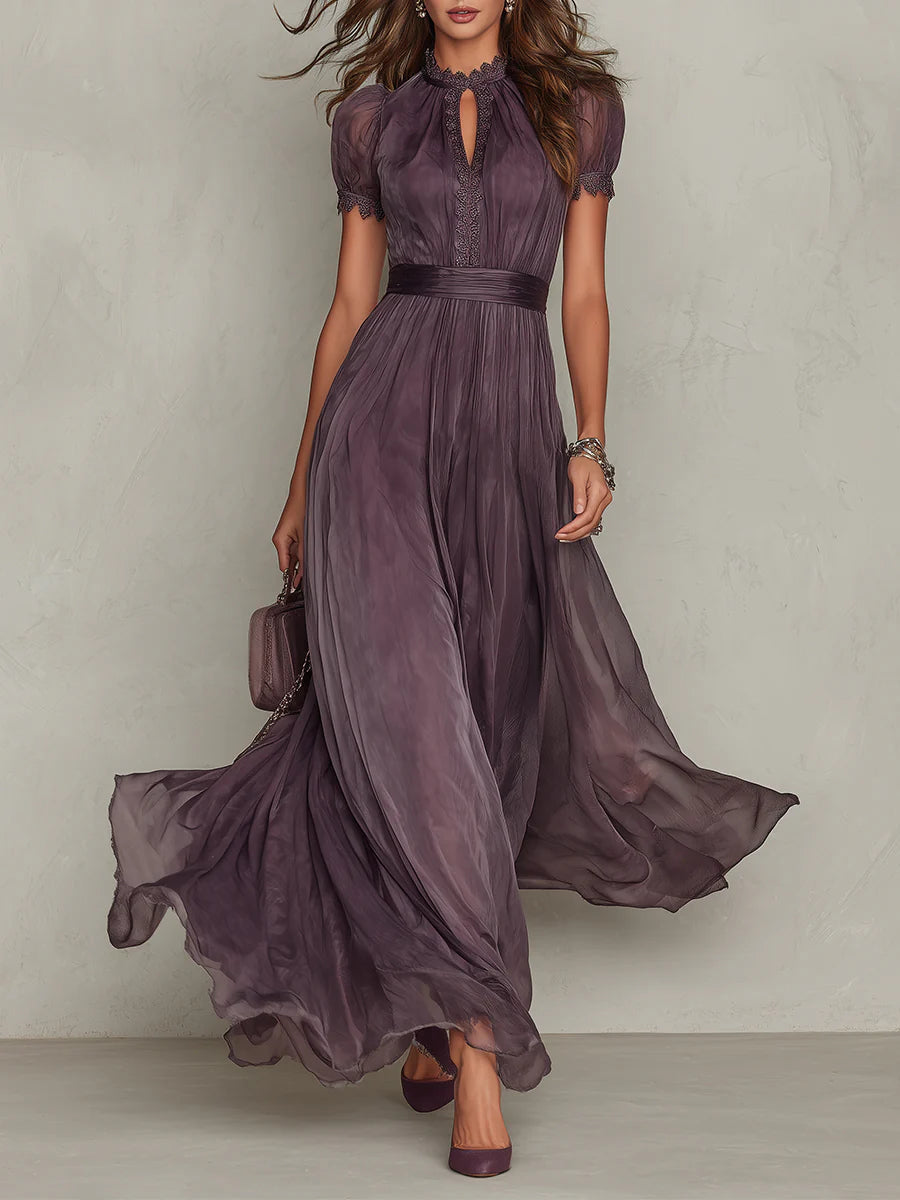ESSENTIAL - Flavia • Long Purple Dress with Keyhole Neckline & Chiffon Lace Trim