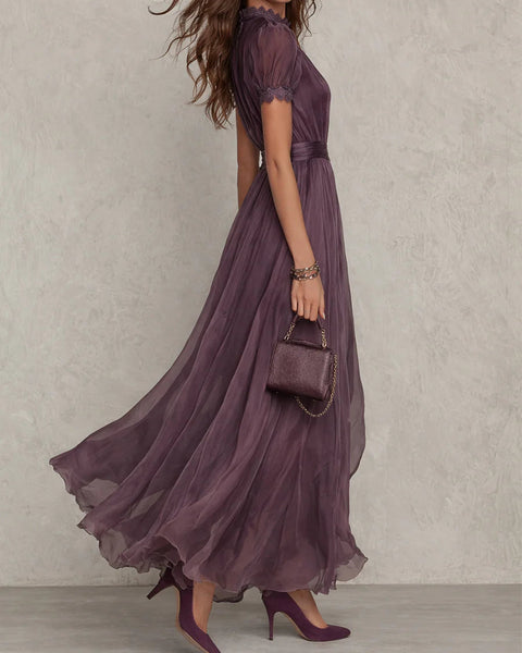 ESSENTIAL - Flavia • Long Purple Dress with Keyhole Neckline & Chiffon Lace Trim