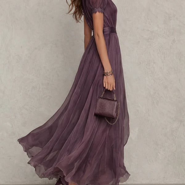 ESSENTIAL - Flavia • Long Purple Dress with Keyhole Neckline & Chiffon Lace Trim