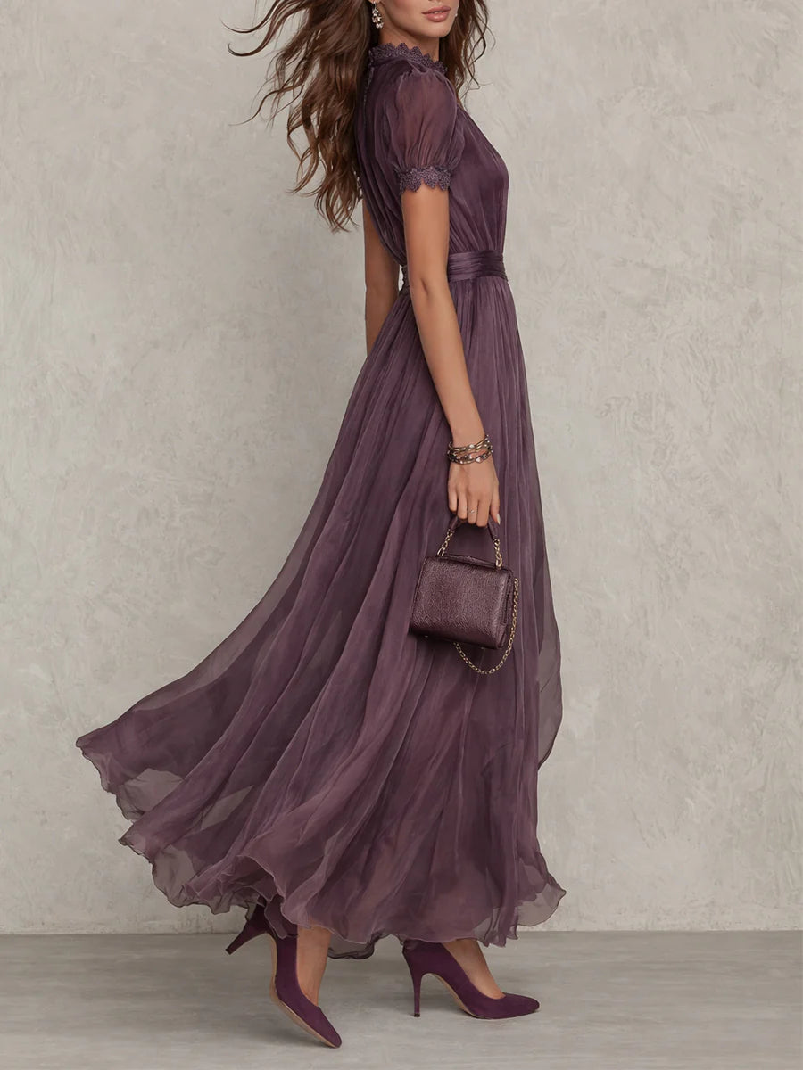 ESSENTIAL - Flavia • Long Purple Dress with Keyhole Neckline & Chiffon Lace Trim