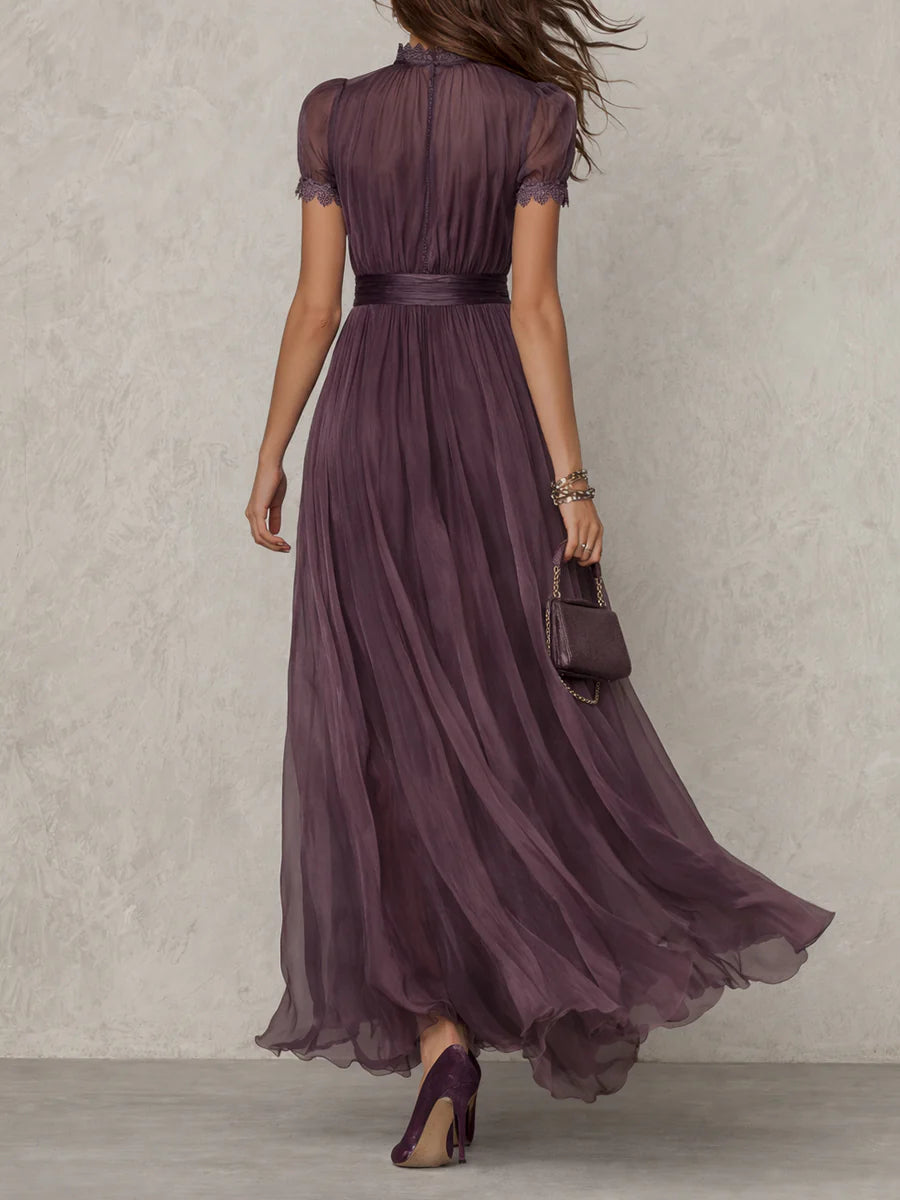 ESSENTIAL - Flavia • Long Purple Dress with Keyhole Neckline & Chiffon Lace Trim