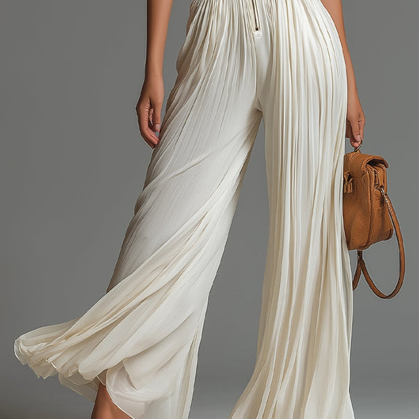 ESSENTIAL – White Pleated Chiffon Jumpsuit for Women