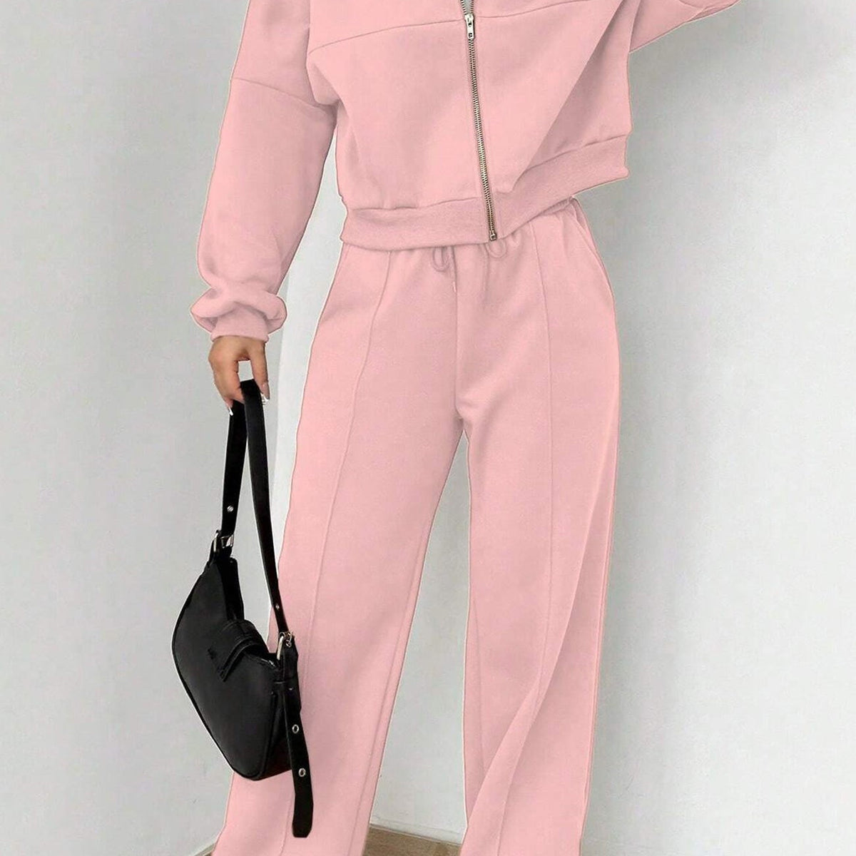 Veste Cardigan sans Col à Zip et Pantalon