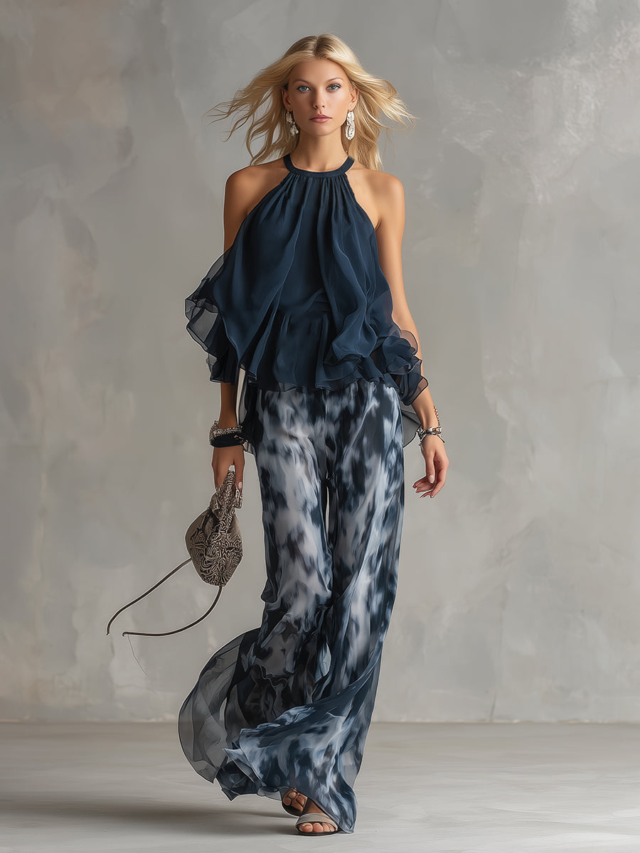 ESSENTIAL - Ludovica – Elegant chiffon set with high-neck top and wide-leg printed trousers
