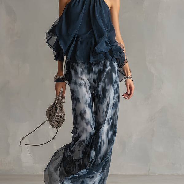 ESSENTIAL - Ludovica – Elegant chiffon set with high-neck top and wide-leg printed trousers