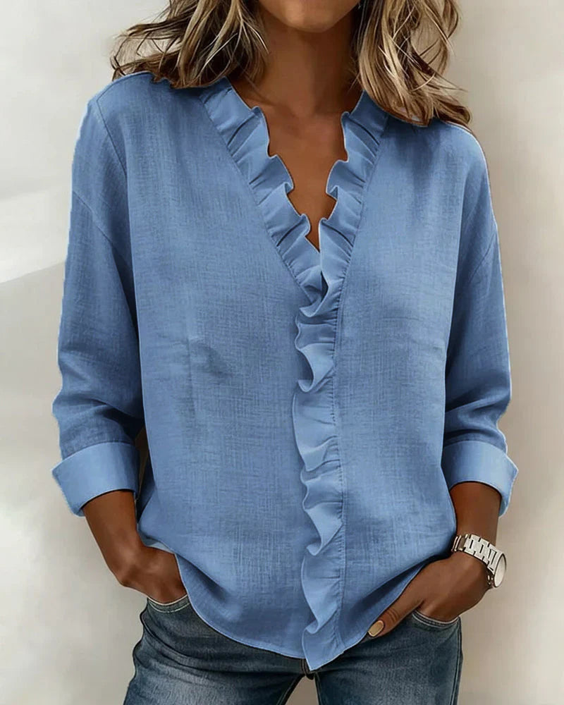 Indie | Blouse avec Volants, Col en V et Manches Longues