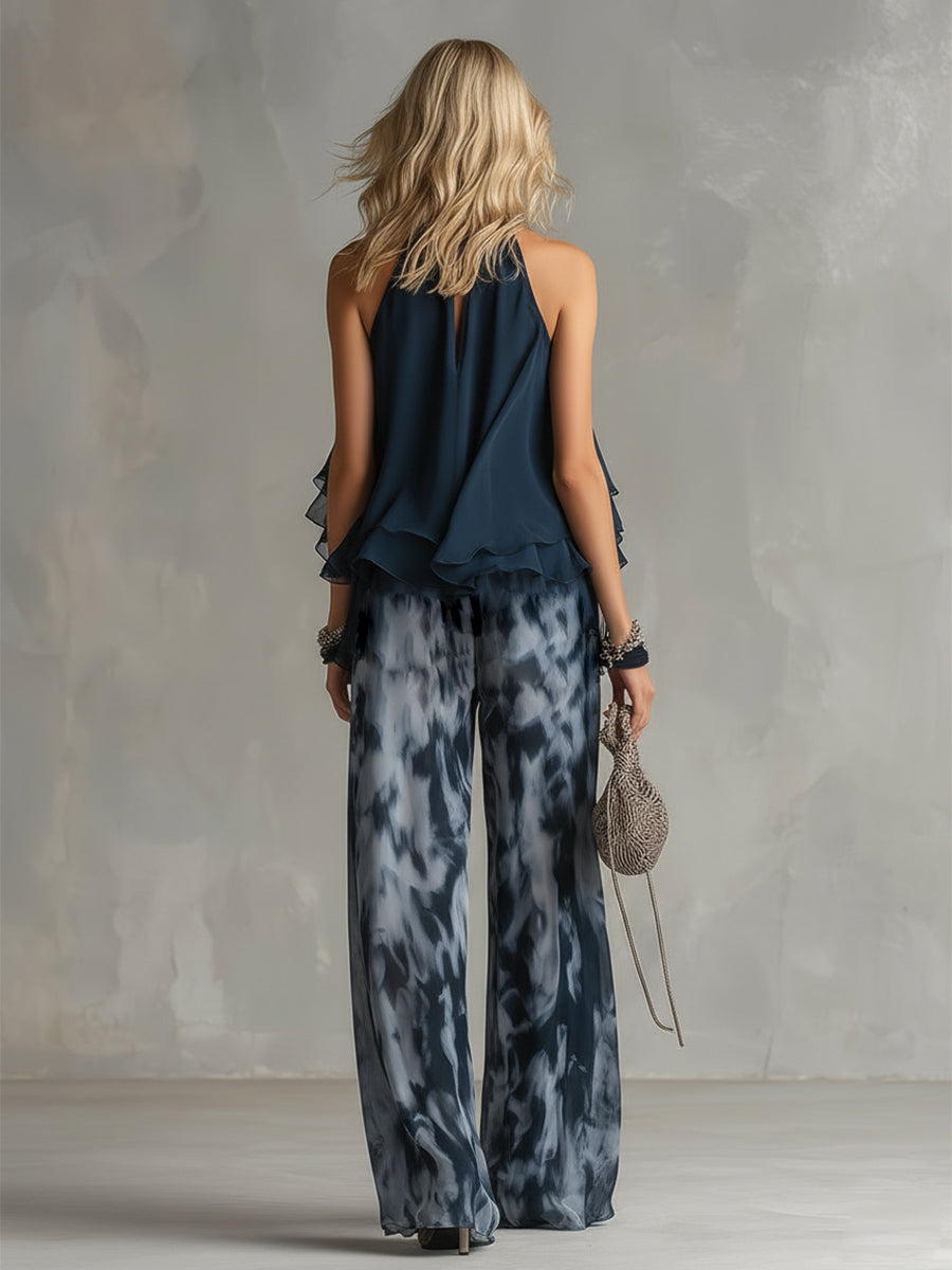 ESSENTIAL - Ludovica – Elegant chiffon set with high-neck top and wide-leg printed trousers