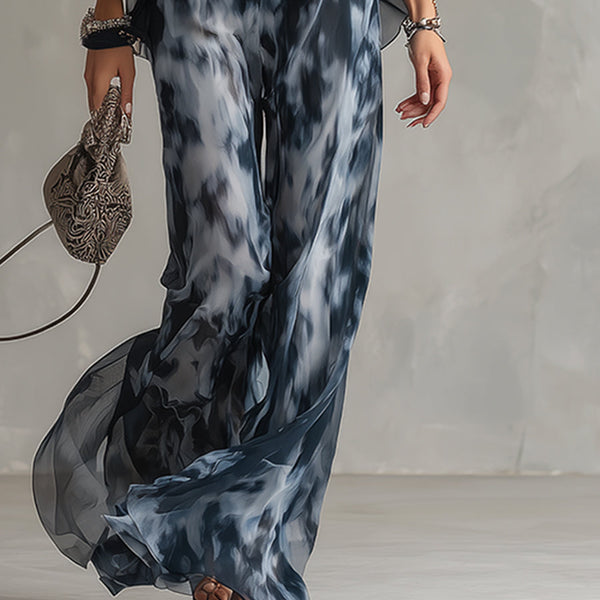 ESSENTIAL - Ludovica – Elegant chiffon set with high-neck top and wide-leg printed trousers