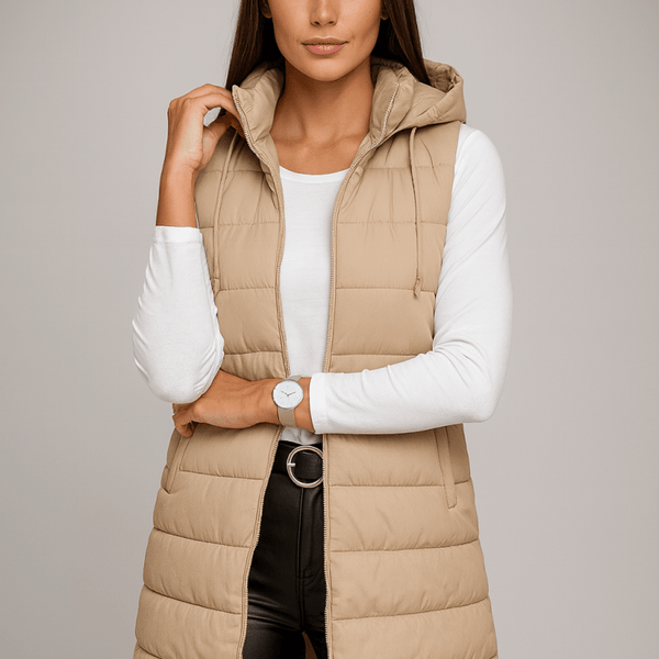 ELENA | VESTE LONGUE PUFFER SANS MANCHES AVEC CAPUCHE