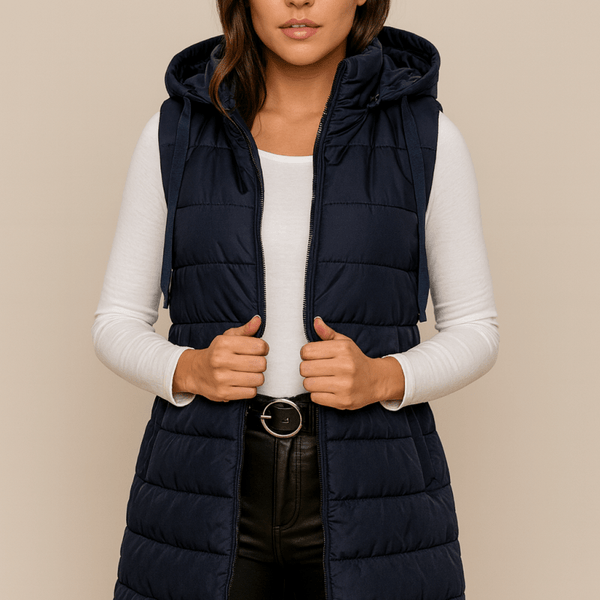 ELENA | VESTE LONGUE PUFFER SANS MANCHES À CAPUCHE CASUAL