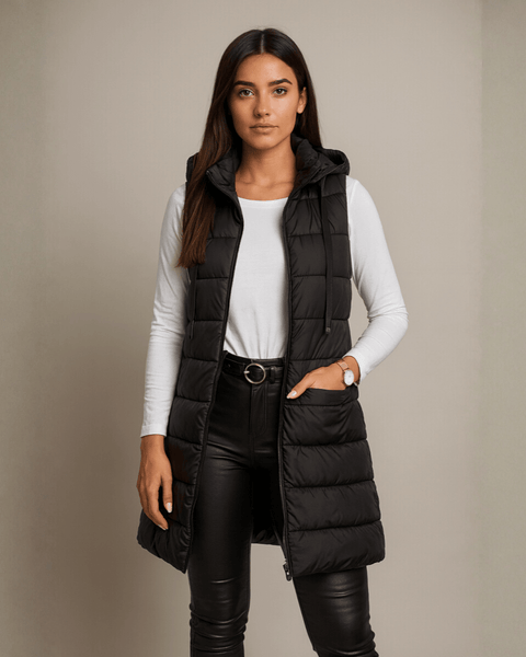 ELENA | VESTE LONGUE PUFFER SANS MANCHES À CAPUCHE CASUAL