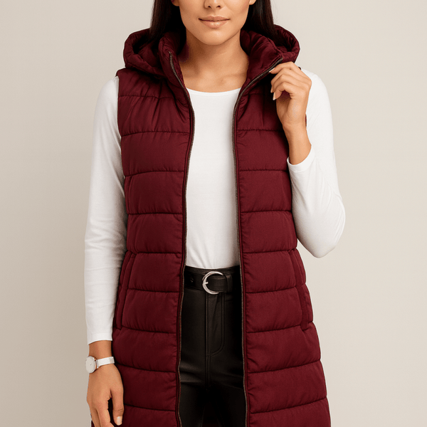 ELENA | VESTE LONGUE PUFFER SANS MANCHES À CAPUCHE CASUAL