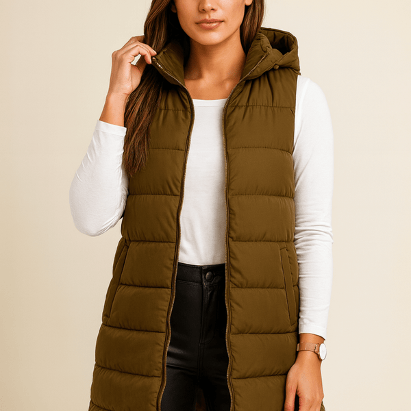 ELENA | VESTE LONGUE PUFFER SANS MANCHES À CAPUCHE CASUAL