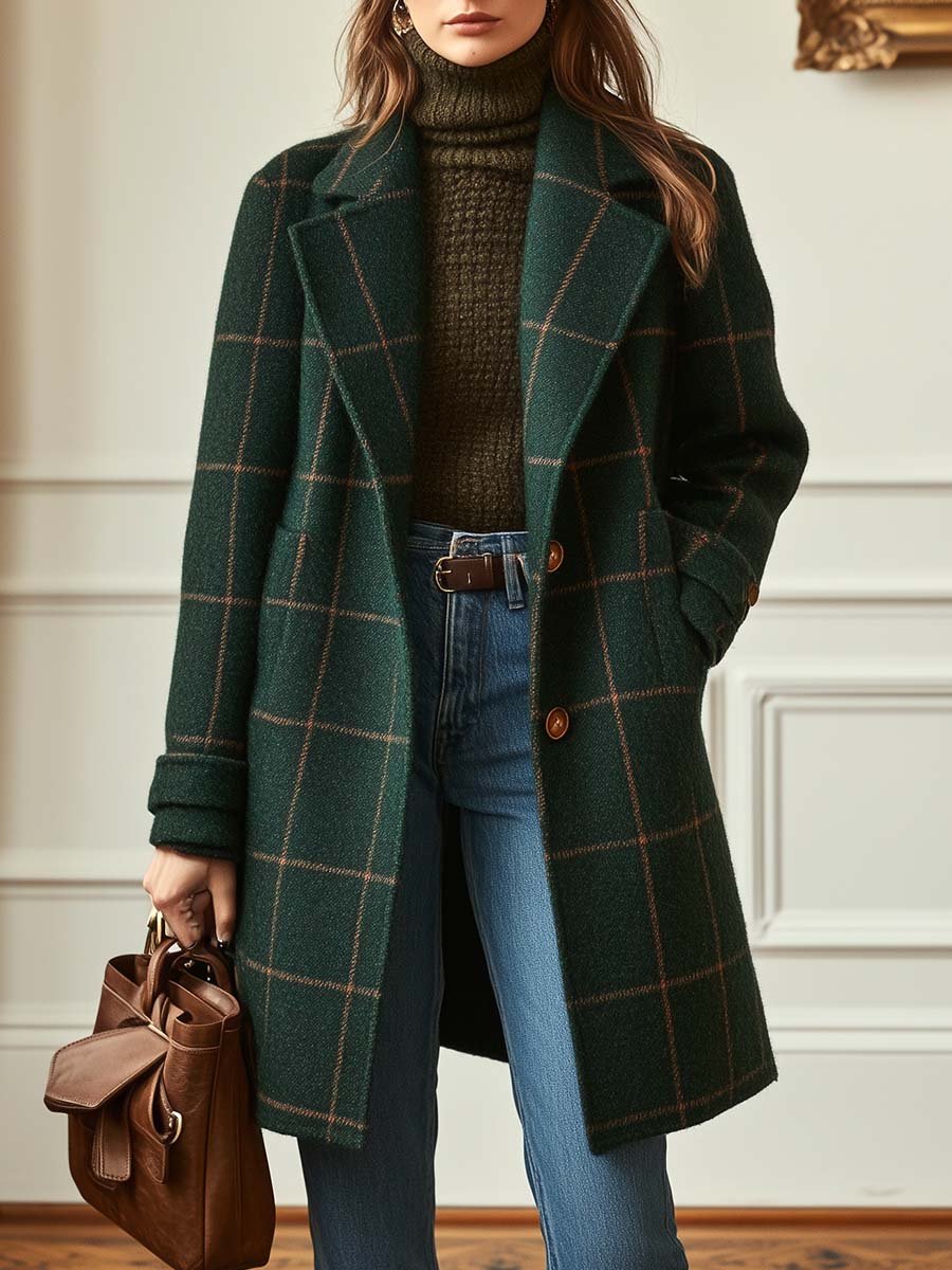 Eleanor | Manteau en Tweed à Carreaux avec Revers Rétro