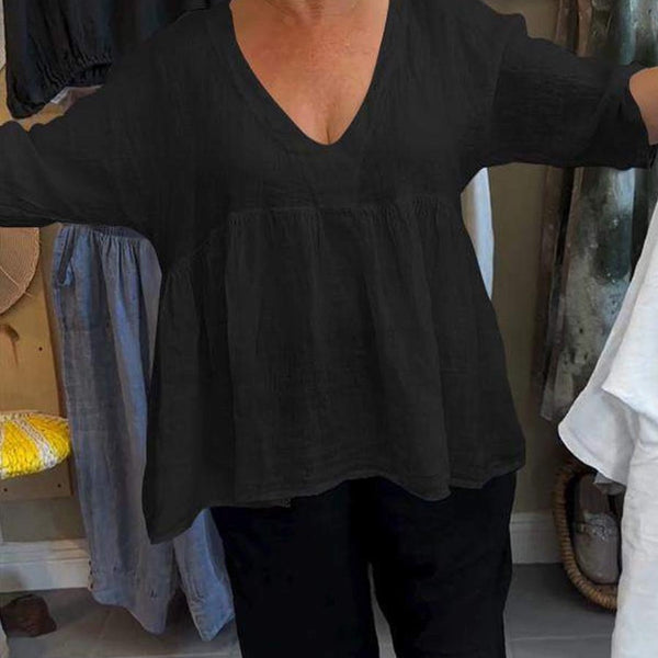 Loretta| V-Neck Cotton-Linen Blouse – Light Elegance with Everyday Ease
