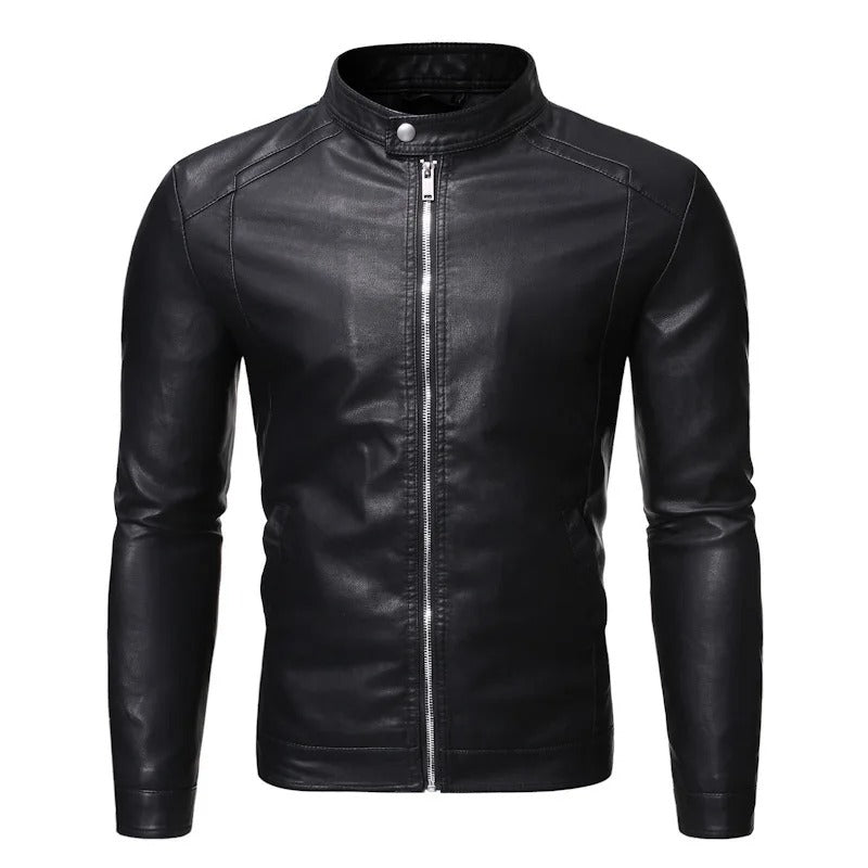Veste en Cuir à Col Montant