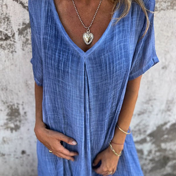 Serenne | Cotton-Linen FlowVee Midi Dress – Refined Elegance, Everyday Ease