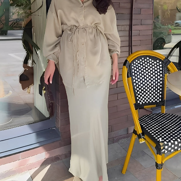 Evelore | Long-Sleeved Tie-Drawstring Shirt & Skirt Set - Effortless Style, Everyday Confidence